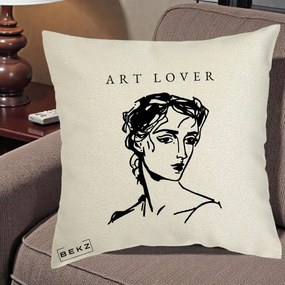 Perna Decorativa Art Lover Portret Grafic, 40x40 cm, Ecru, Husa Detasabila, Perna Inclusa, BEKZ®