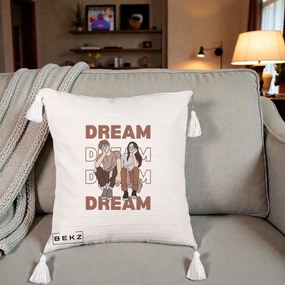 Perna Decorativa Dream Couple Aesthetic, 40x40 cm, Bej cu Franjuri, Husa Detasabila, Perna Inclusa, BEKZ®