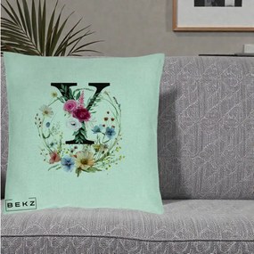 Cadou Personalizat - Perna Personalizata Monograma Florala Litera Y cu Coroana, 40x40 cm, Verde Menta, Husa Detasabila, Perna Inclusa, BEKZ®