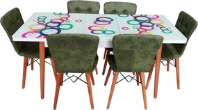 Set masa extensibila picioare lemn, blat sticla securizata multicolor +6 scaune tapitate Fusion Homs verde 80x 170 cm