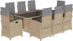 vidaXL Set de masă pentru grădină, 9 piese, cu perne, bej, poliratan