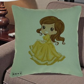 Perna Decorativa Printesa Bella Rochie Aurie, 40x40 cm, Verde, Husa Detasabila, Perna Inclusa, BEKZ®