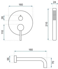 REA-B7503 - Set pentru cadă LUNGO cu baterie încastrată, auriu periat