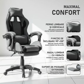 Scaun gaming, masaj în perna lombară, suport picioare, textil, Gri