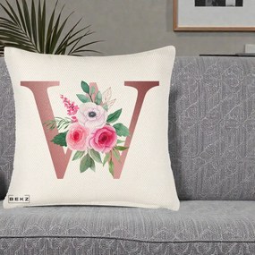 Cadou Personalizat - Perna Personalizata Monograma Rose Gold Litera W cu Trandafiri si Anemona, 40x40 cm, Crem Reliefat, Husa Detasabila, Perna Inclusa, BEKZ®