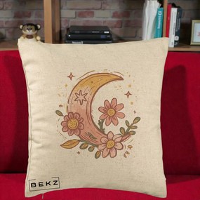 Perna Decorativa Luna Florala Boho, 40x40 cm, Bej, Husa Detasabila, Perna Inclusa, BEKZ®