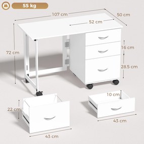HOMCOM Birou Calculator Pliabil Con 3 Sertare, Alb Effetto Lemn | Aosom Romania