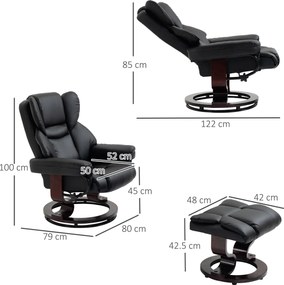 HOMCOM Fotoliu Relaxant si Puf, Reclinabil la 145° cu Scaun Rotativ din Piele Ecologica, Negru | Aosom Romania