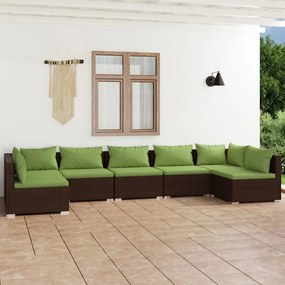 Set mobilier de gradina cu perne, 7 piese, maro, poliratan maro si verde, 2x colt + 5x mijloc, 1