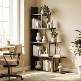 HOMCOM Etajeră bibliotecă separator de încăpere stil industrial în scară 5 rafturi 102 x 30 x 160 cm coloris negru | Aosom Romania