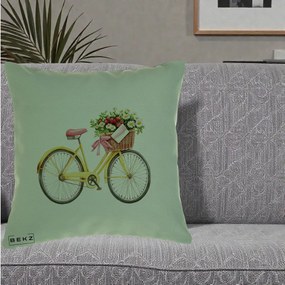 Perna Decorativa Bicicleta Galbena cu Cos de Flori Primavara, 40x40 cm, Verde, Husa Detasabila, Perna Inclusa, BEKZ®