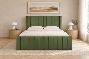 Pat tapițat din catifea Aurelia Simple 120×200 cm, kaki, cu ladă de depozitare