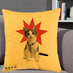 Perna Decorativa Pisica Star Pop Art, 40x40 cm, Galben, Husa Detasabila, Perna Inclusa, BEKZ®