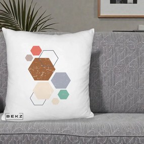 Perna Decorativa Geometric Hexagoane Multicolor, 40x40 cm, Alb Pufos, Husa Detasabila, Perna Inclusa, BEKZ®
