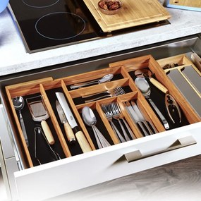 Organizator din bambus pentru tacâmuri Kesper 59085, extensibil 35-58 cm, 6+2 compartimente, maro închis