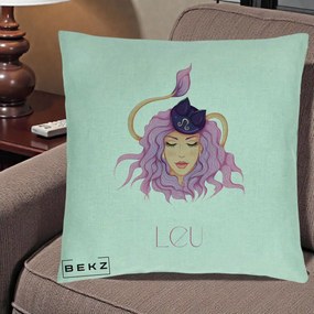 Perna Personalizata Zodie Leu, 40x40 cm, Verde Menta, Husa Detasabila, Perna Inclusa, BEKZ®
