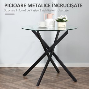 HOMCOM Masa Rotunda din Sticla si Picioare Incrucisate din Metal, Masuta Moderna pentru Sufragerie si Birou, 80x80x75cm, Negru