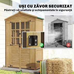 Outsunny Dulap de Grădină din Lemn de Brad cu Rafturi și Ferestre din Acril, Căsuță Depozitare Unelte Exterioare cu Acoperiș Asfaltat, Uși Blocabile, 128x57.5x197 cm, Maro Deschis | Aosom Romania