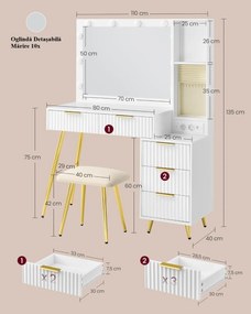 Masuta machiaj cu Oglinda LED si 5 Sertare pentru Cosmetice, Set Masa toaleta 110 cm, Alb, masuta cosmetica, vanity - SEA823