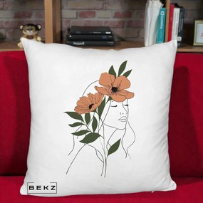 Perna Decorativa Portret Feminin Doua Maci Terracotta, 40x40 cm, Alb Pufos, Husa Detasabila, Perna Inclusa, BEKZ®