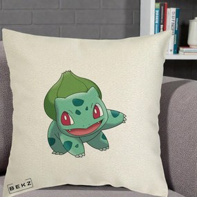 Perna Personalizata Bulbasaur Pokemon, 40x40 cm, Ecru, Husa Detasabila, Perna Inclusa, BEKZ®