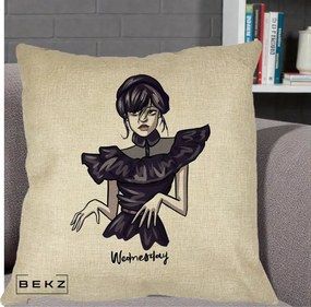 Perna Personalizata Wednesday Addams Dans Gotic, 40x40 cm, Crem, Husa Detasabila, Perna Inclusa, BEKZ®