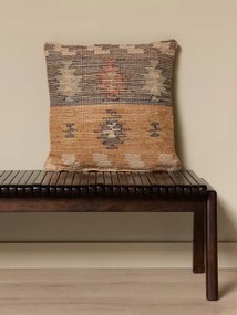 Pernă decorativă din lână și iută, multicolor, țesătură kilim în nuanțe de muștar și verde, finisaj artizanal, 50 x 50 cm, „Moutarde”