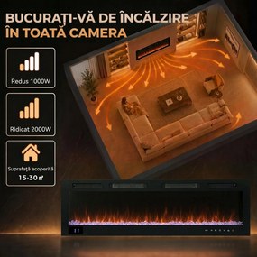 HOMCOM Șemineu Electric Încastrabil cu Flacără Independentă, 3 Moduri de Încălzire și Telecomandă, 152,4 x 9,4 x 47 cm, Negru | Aosom Romania