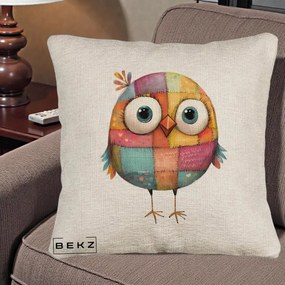 Perna Decorativa Pasare Patchwork Colorata, 40x40 cm, Bej Canapea, Husa Detasabila, Perna Inclusa, BEKZ®