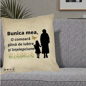 Cadou pentru Bunica - Perna Personalizata Bunica Mea Comoara Iubire Intelepciune Varianta Extinsa, 40x40 cm, Crem, Husa Detasabila, Perna Inclusa, BEKZ®
