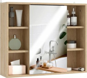 HOMCOM Mobilier de baie cu oglindă, dulap cu ușă și 6 compartimente deschise, 60 x 14,5 x 49,4 cm, lemn natural | Aosom Romania