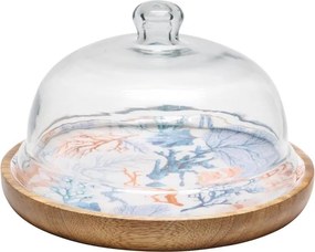 Tava pentru prajituri, din lemn de mango, cu capac din sticla, D23cm, Coral