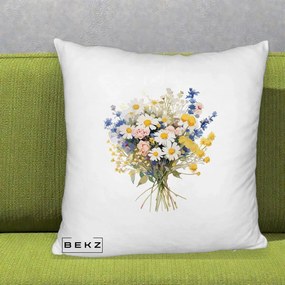 Perna Decorativa Buchet Camp Acuarela Margarete-Lavanda, 40x40 cm, Alb Pufos, Husa Detasabila, Perna Inclusa, BEKZ®
