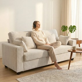 HOMCOM Canapea 3 locuri bej cu tapițerie Raindrop din catifea, șezut adânc, perne cu arcuri, brațere late și 4 perne | Aosom Romania