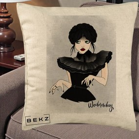 Perna Personalizata Wednesday Addams Portret Gotic, 40x40 cm, Bej, Husa Detasabila, Perna Inclusa, BEKZ®
