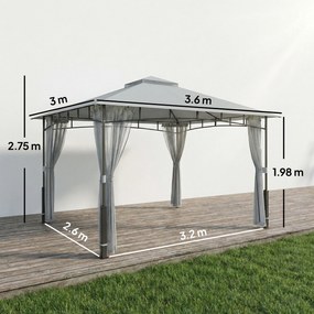 Outsunny Cort pentru Grădină cu Acoperiș Dublu Foișor cu Pereți din Plasă UPF50+ pentru Exterior Terasă 360x300x275 cm Gri | Aosom Romania