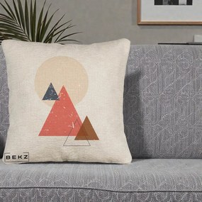 Perna Decorativa Geometric Munti si Soare, 40x40 cm, Bej Canapea, Husa Detasabila, Perna Inclusa, BEKZ®
