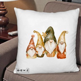 Perna Decorativa Gnomi de Craciun Patru, 40x40 cm, Alb Pufos, Husa Detasabila, Perna Inclusa, BEKZ®