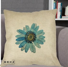Perna Decorativa Floare Margareta Albastra Acuarela, 40x40 cm, Crem, Husa Detasabila, Perna Inclusa, BEKZ®