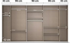 Dressing 360 cm lungime, 3 uși glisante, oglindă pe mijloc, culoare gri mătase, compartimentare premium, 210 cm înălțime