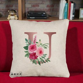 Cadou Personalizat - Perna Personalizata Monograma Rose Gold Litera U, 40x40 cm, Bej Canapea, Husa Detasabila, Perna Inclusa, BEKZ®