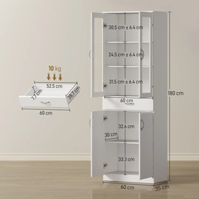 HOMCOM Dulap de Bucătărie Înalt 180 cm cu Uși din Sticlă Soft-Close, Sertar și 2 Dulapuri, Polițe Reglabile, Alb | Aosom Romania