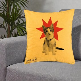 Perna Decorativa Pisica Star Pop Art, 40x40 cm, Galben, Husa Detasabila, Perna Inclusa, BEKZ®