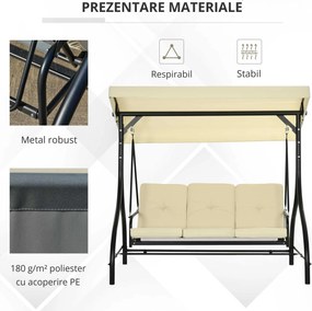 Outsunny Balansoar de Gradina 3 Locuri, Balansoar Pat pentru Exterior cu Copertina Reglabila, din Metal si tesut Teslin, Bej si Negru