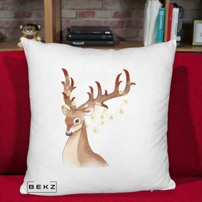 Perna Decorativa Ren cu Luminite de Craciun, 40x40 cm, Alb Pufos, Husa Detasabila, Perna Inclusa, BEKZ®