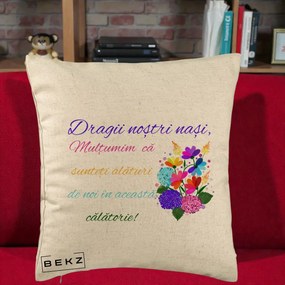 Perna Personalizata Dragii Nostri Nasi Multumim cu Flori Multicolore Colorat, 40x40 cm, Bej, Husa Detasabila, Perna Inclusa, BEKZ®