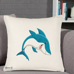 Perna Decorativa Rechin Albastru Cartoon, 40x40 cm, Crem Reliefat, Husa Detasabila, Perna Inclusa, BEKZ®
