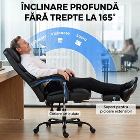 HOMCOM Scaun de birou ergonomic rotativ, rabatabil 165°, din piele ecologică PU, cu suport pentru picioare și înălțime reglabilă, negru | Aosom Romania