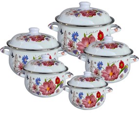 Set oale cu capac emailat Rosberg R54518H5, 10 piese, Emailate, Inductie, Alb/Imprimeu floral