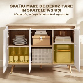 HOMCOM Bufet Bucătărie, Mobilier Bucătărie cu 3 Uși, Rafturi Ajustabile și 5 Picioare din Lemn de Cauciuc, Stil Modern, Bufet pentru Living, Sufragerie, Sală de Masă, Alb și Stejar | Aosom Romania